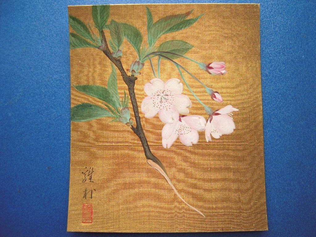 「牛田けい村日本画色紙5点 梅/桜/躑躅に鮒/栄螺/海老 共箱」【真作】_画像3