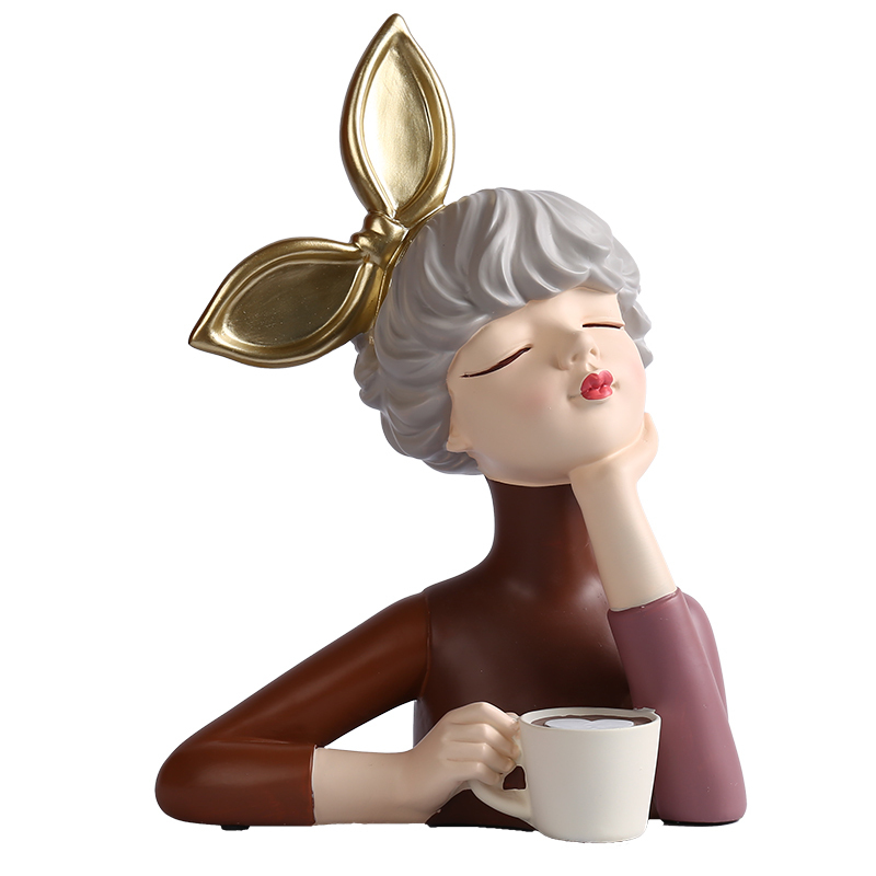 置物 目を閉じた女性 コーヒー片手に頬杖をつく姿 リボンのカチューシャ 上半身 (ブラウン)