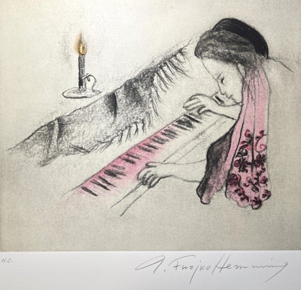 【真作】魂のピアニスト フジ子・ヘミング「ピアノ練習・夜に」 2007年 銅版画 ED HC/120 直筆サイン・ 作品証明シール / フジコヘミング_画像2