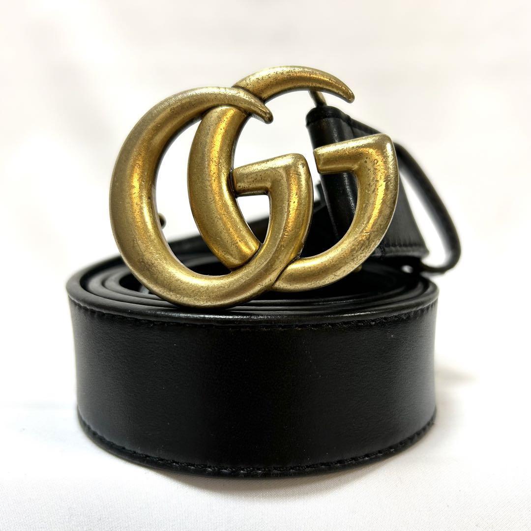 美品】GUCCI レザーベルト GGマーモント ゴールドバックル 男女兼用 黒
