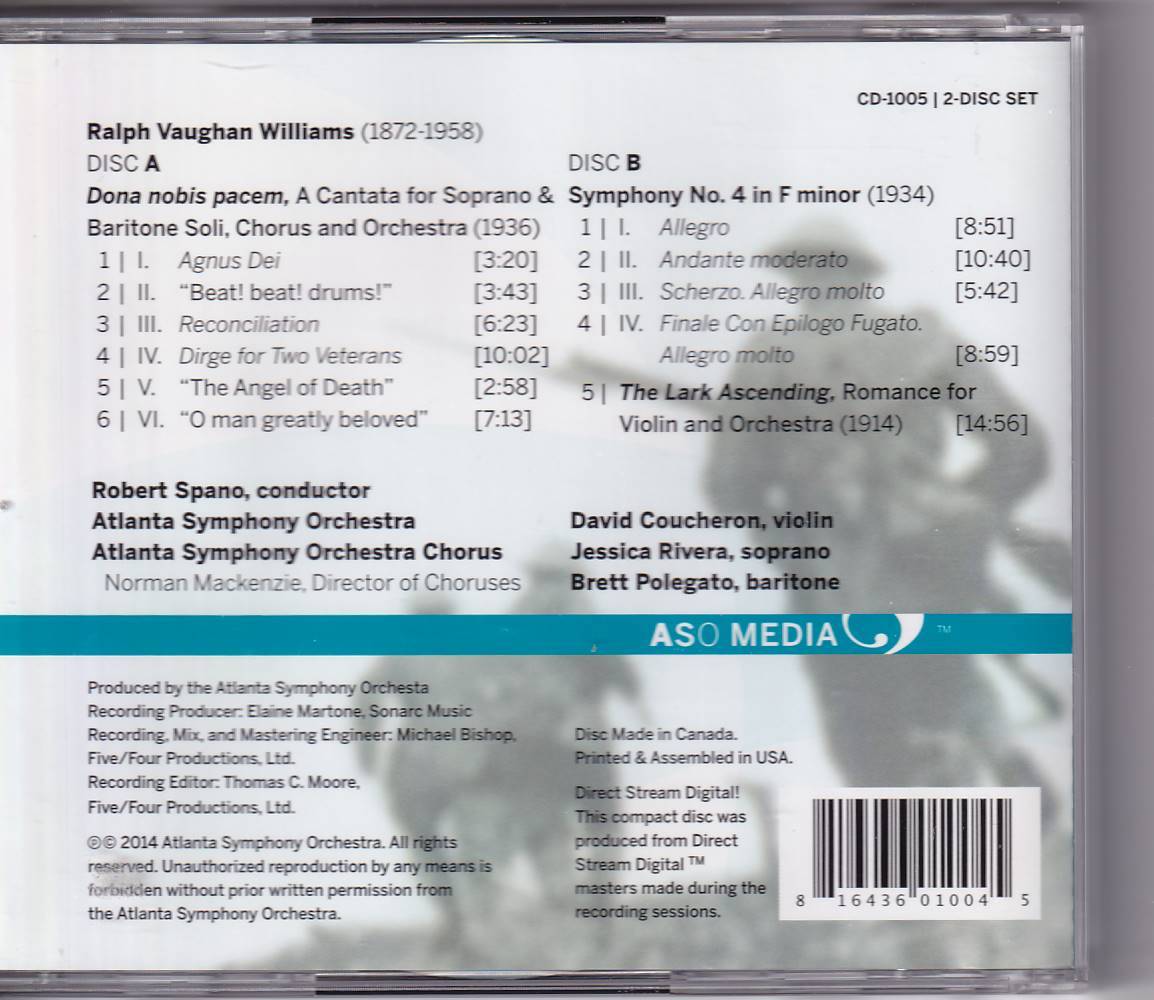 ポレガート/アトランタ響(2014.2,ライヴ) Ｖ・ウィリアムズ:交響曲第4番他 2CD 自主制作_画像2