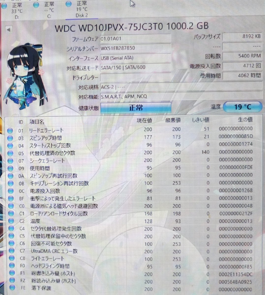 WD 2.5インチ HDD 1TB 使用時間4,062H_画像2