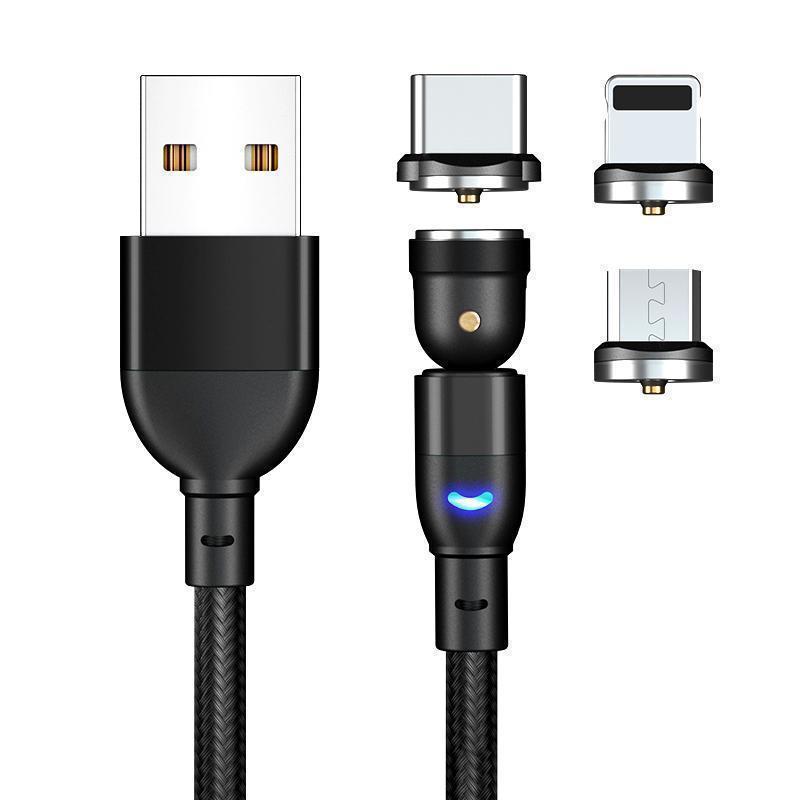 USB充電ケーブル 2m 540度マグネット脱着式 端子3種類 ブラック (4)_画像1