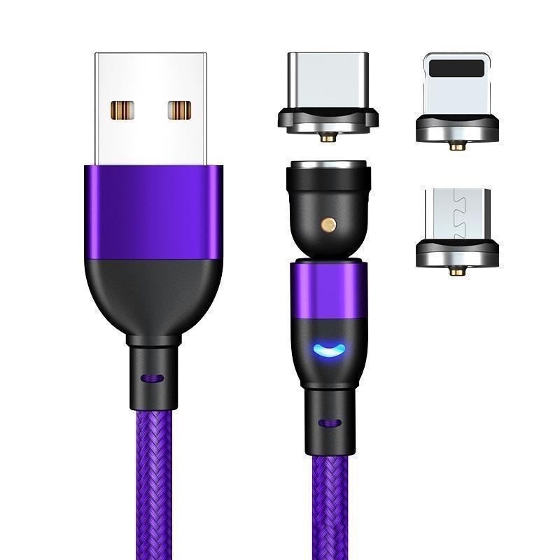 USB充電ケーブル 2m 540度マグネット脱着式 端子3種類 パープル (3)_画像1