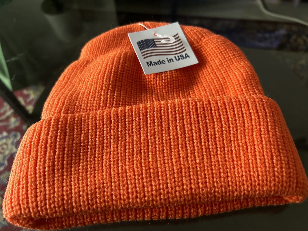 新品未使用 MADE IN USA ACRYLIC KNIT CAP USA製 ニットキャップ ニット帽　オレンジ_画像1