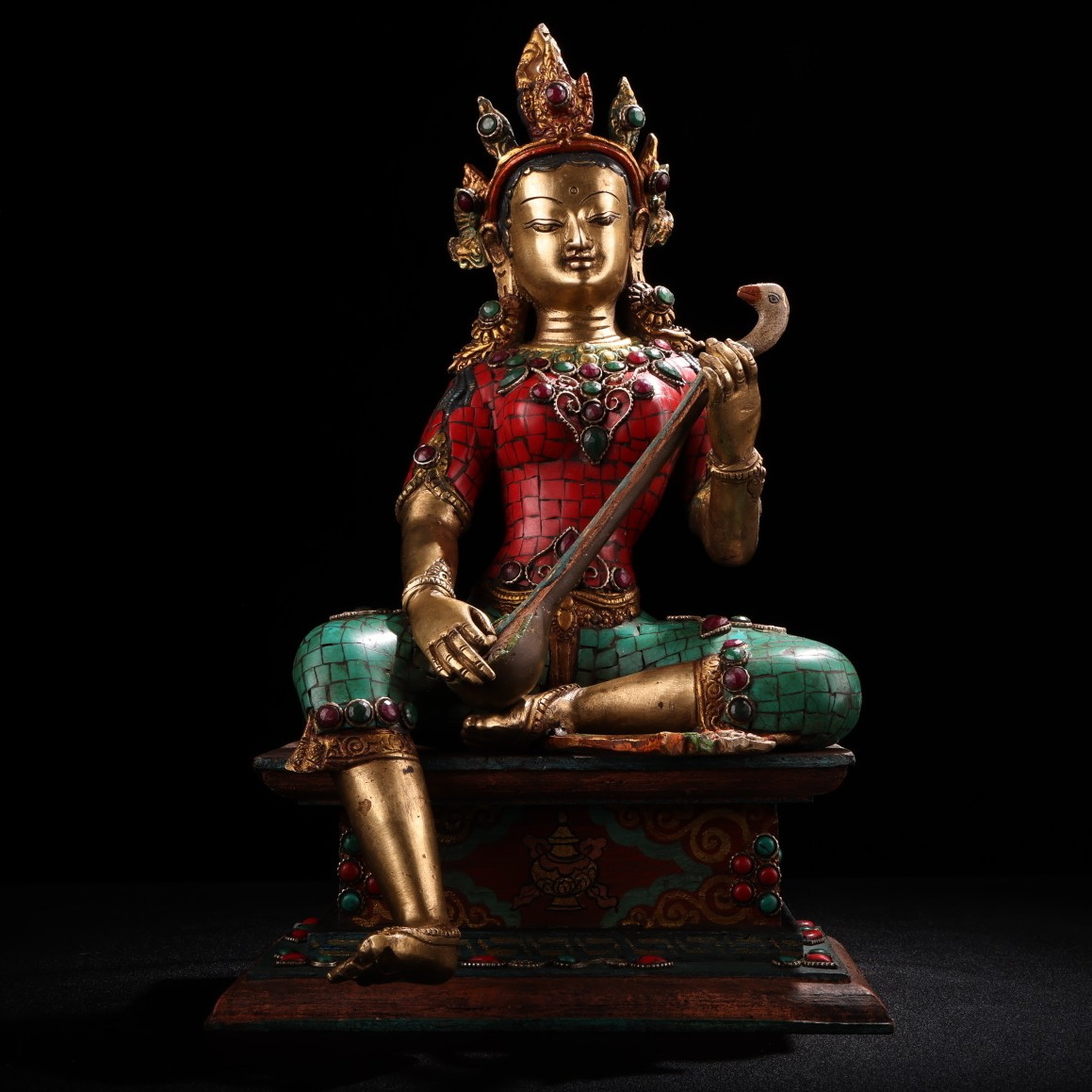 珍品 中國 チベット仏教 清代 古銅彫 彩色描金宝石妙音天母像 珍品 中國 チベット仏教 清代 古銅彫 彩色描金宝石妙音天母像