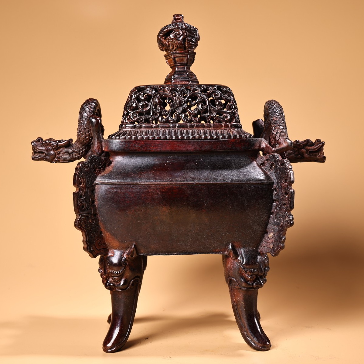秘蔵 中國 清代 古銅彫 雙龍耳神獸足燻香炉 時代物 中國古美術 極細工 置物 唐物 賞物 NW219