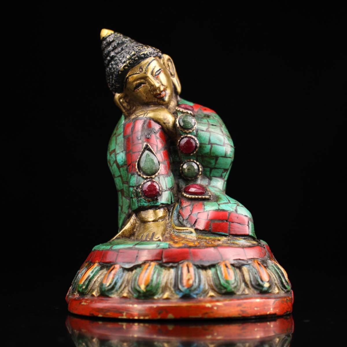 秘蔵 中國 清代 チベット仏教 銅製 彩繪嵌寶石 自在仏 仏像 仏教古美術 供養品 置物 時代物 古美術品 NW179_画像3
