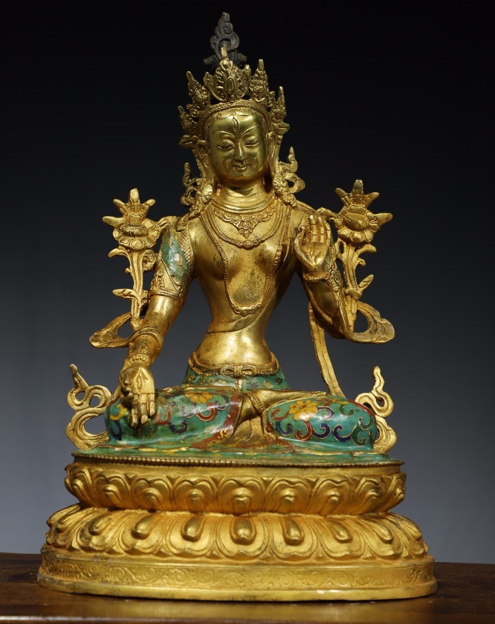格安即決 仏像 白度母観音菩薩 景泰藍琺琅彩 古銅彫 チベット仏教 清代