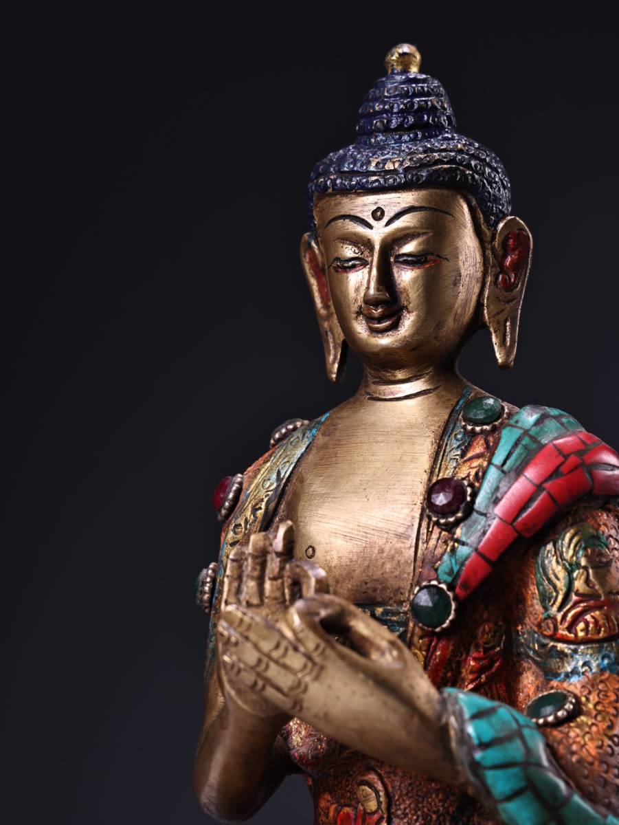 仏像 中國 清代 チベット仏教 古銅彫 嵌寶石彩繪描金 釈迦 釈迦 仏像 中國 清代 チベット仏教 古銅彫 嵌寶石彩繪描金 釈迦 釈迦