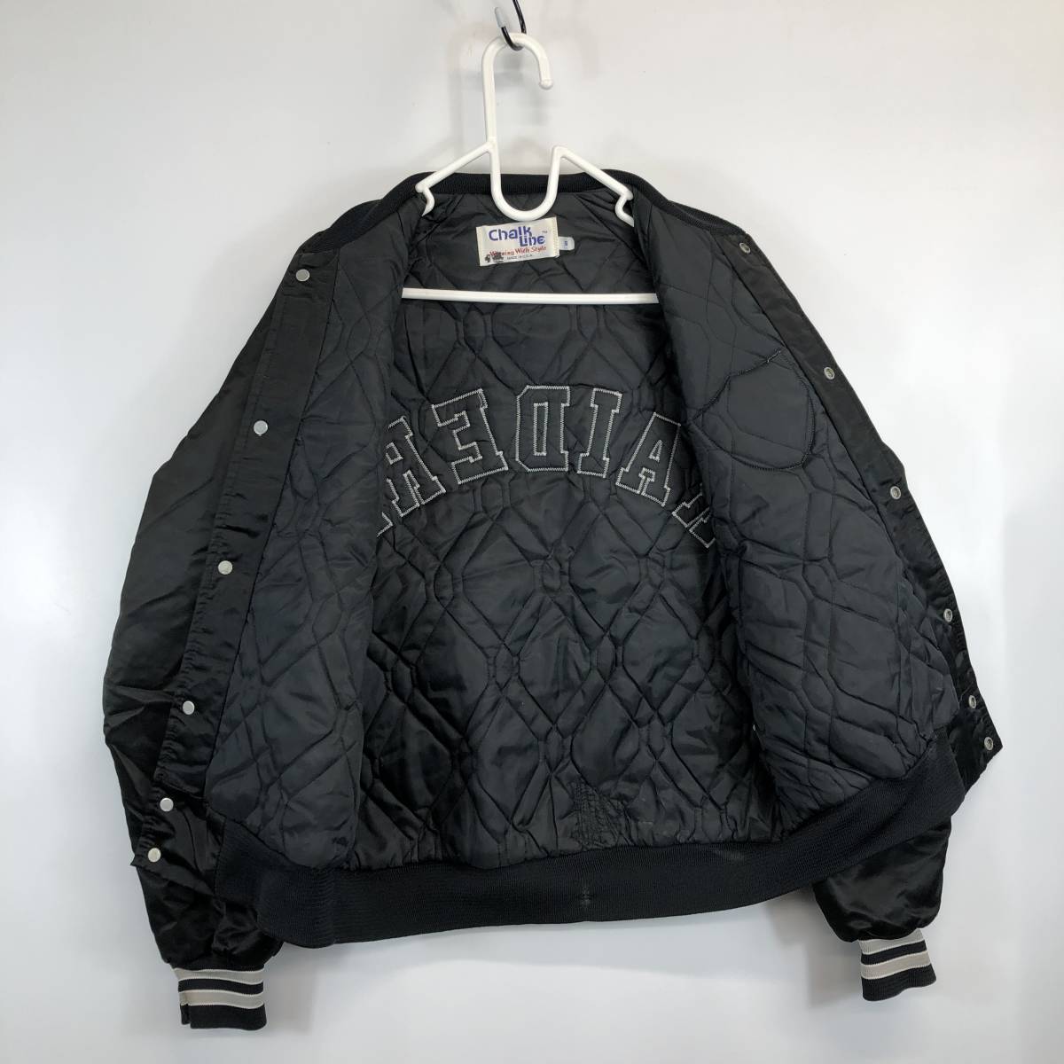 90s USA製 Chalk Line チョークライン NFL RAIDERS レイダース スタジアム サテン ジャケット スタジャン 黒 ブラック  S ヴィンテージ