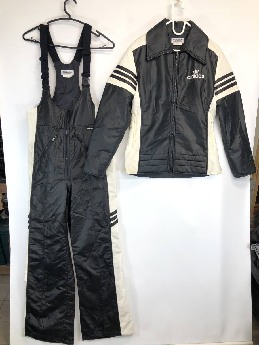 80s adidas アディダス デサント 中綿入り セットアップ ジャケット サロペット Oサイズ ブラック ホワイト ADS-390F_画像1