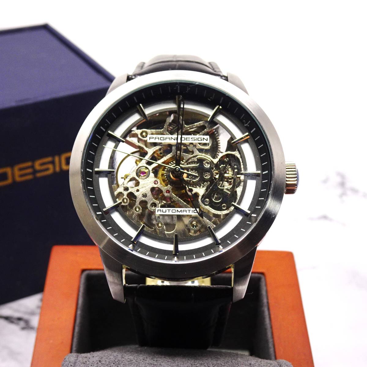 送料無料・新品・パガーニデザインPAGANI DESIGN腕時計メンズスケルトンメカニカルウォッチ自動巻きクロコ型押し本革腕時計PD-1638_画像1