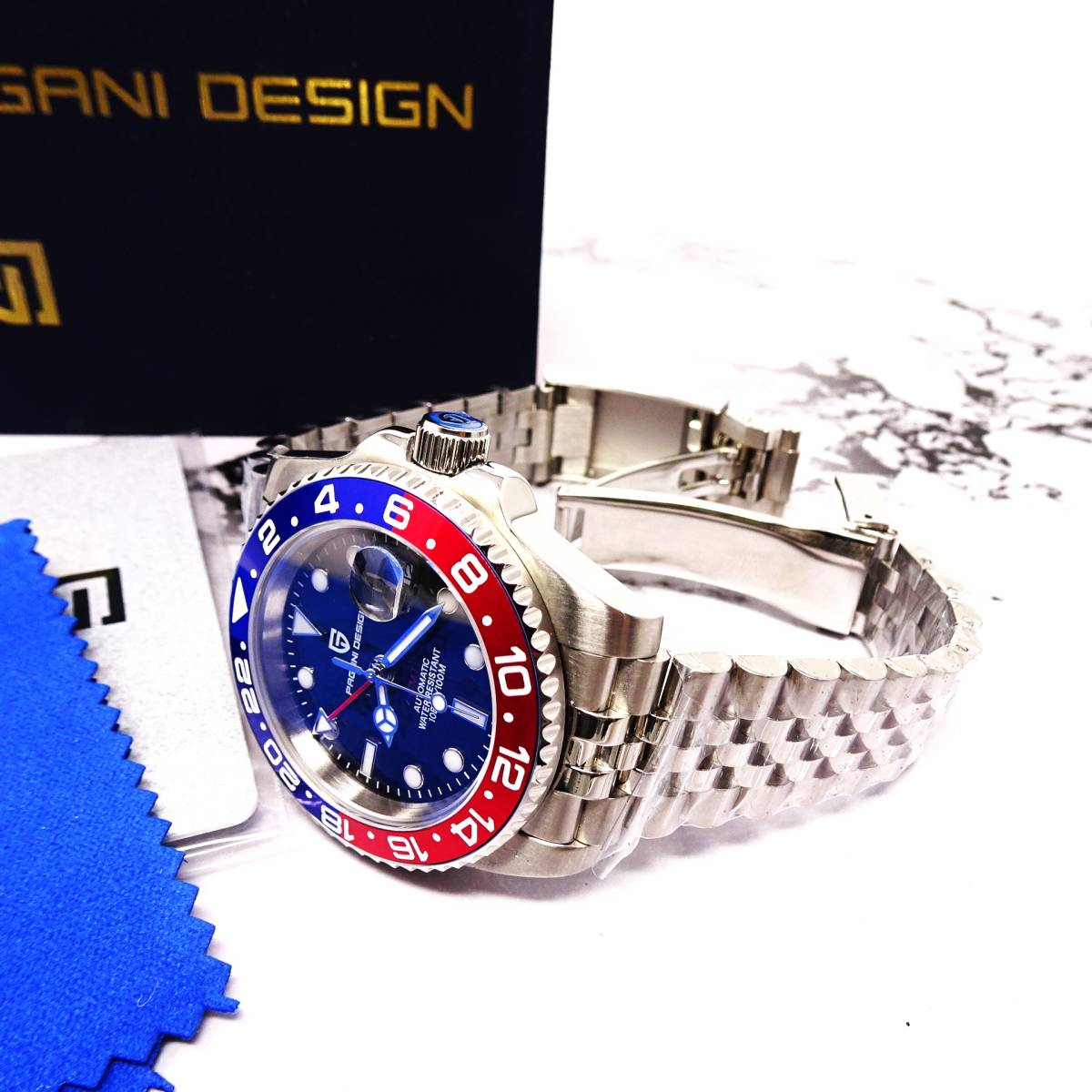 送料無料・新品・パガーニデザイン・メンズ・機械式腕時計 ・GMT針オマージュウオッチ・ペプシベゼル・ジュビリーメタルストラップPD-1662_画像2