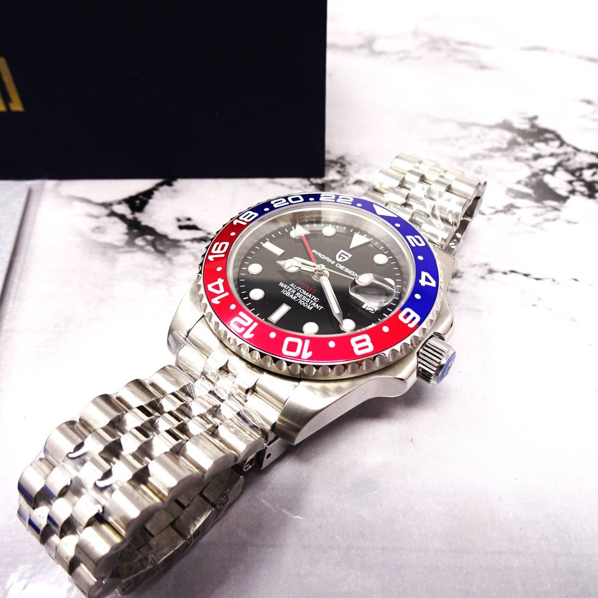 送料無料・新品・パガーニデザイン・メンズ・機械式腕時計 ・GMT針オマージュウオッチ・ペプシベゼル・ジュビリーメタルストラップPD-1662_画像9