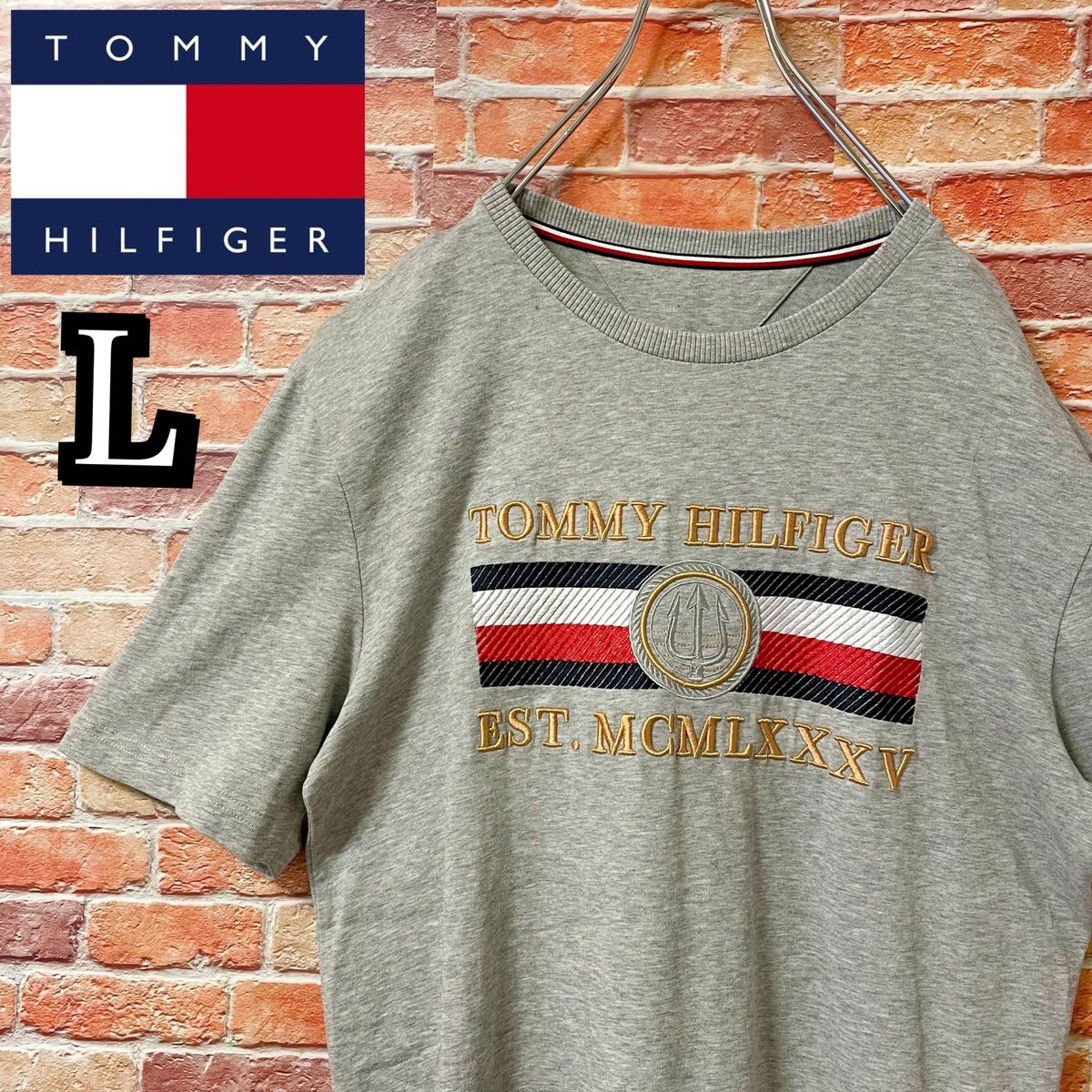 美品 トミーヒルフィガー 刺繍 半袖Tシャツ ロゴT フラッグ グレーL