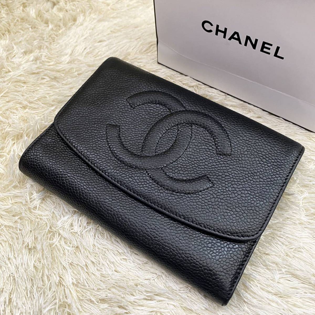 CHANEL シャネル キャビアスキン ココマーク 財布 三つ折り ブラック