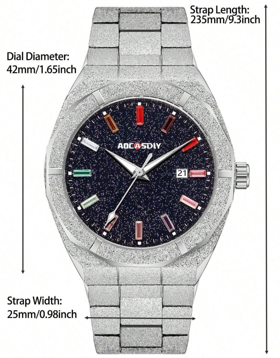 メンズ腕時計　レインボー ステンレス　フロステッド　クォーツ腕時計　スターダスト　シルバー　ギラギラ　高級腕時計