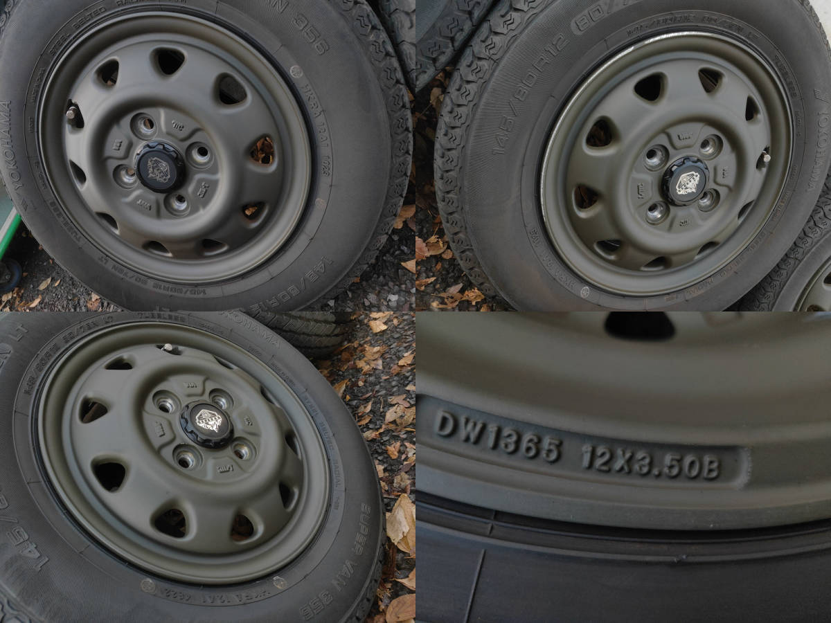 ハイゼットカーゴ外し LANDFOOTモスグリーンアルミホイール 12インチ3.5B ET44　４x100、145/80R12バリ山バン用タイヤ付4本セット【中古】_画像7