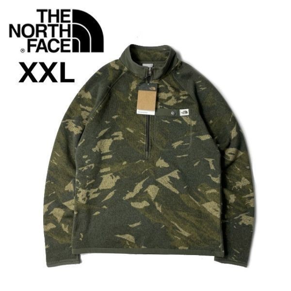 1円～!売切!【正規新品】THE NORTH FACE PRINT GORDON LYONS 1/4ZIP フリース プルオーバー US限定 厚手ニット(XXL)カーキ 迷彩柄181024-40_画像1