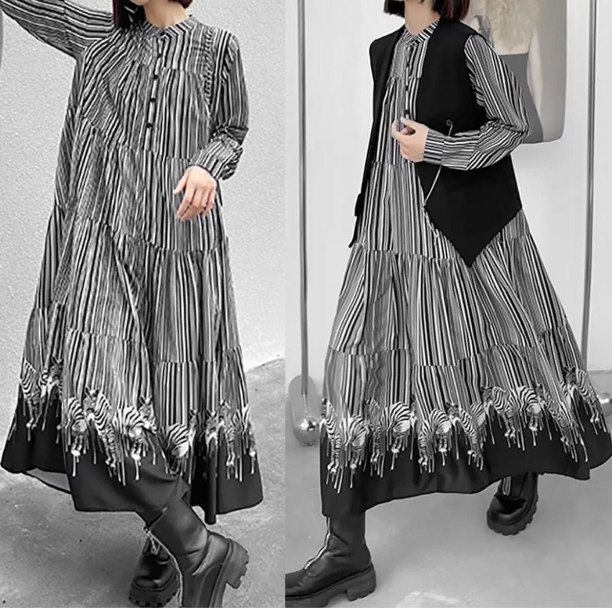 モード系 しまうま ストライプ ロングワンピース 個性 ゼブラ柄 モード系 しまうま ストライプ ロングワンピース 個性 ゼブラ柄