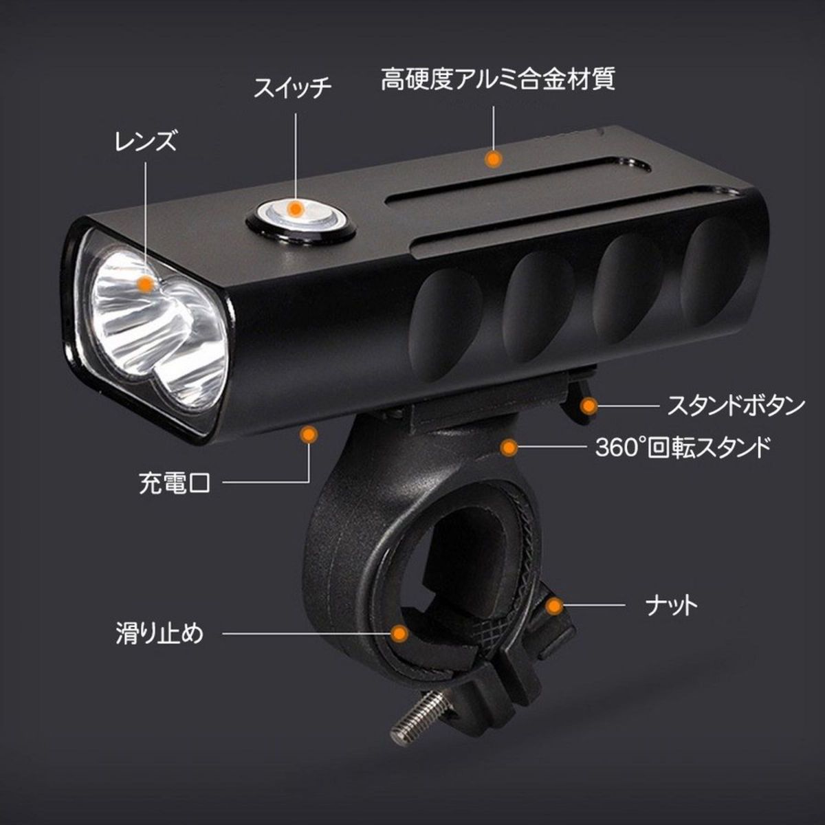  自転車ヘッドライト LEDライト 防水仕様 USB充電式 ハンドル取り付け型