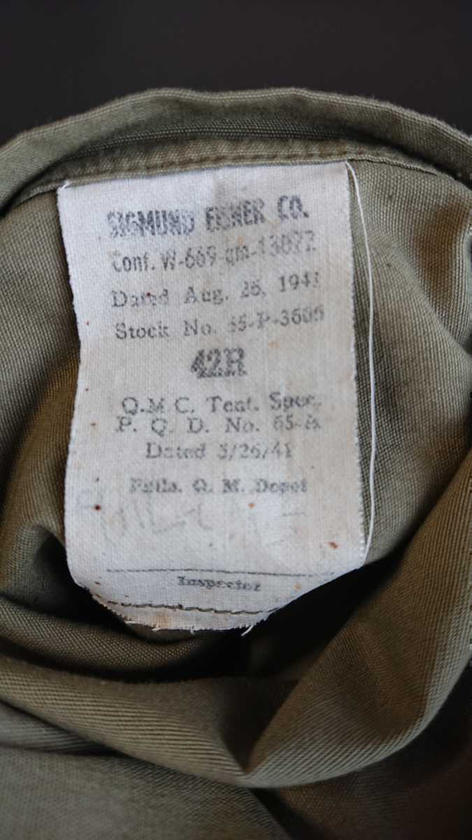 【希少】米軍実物・パーカタイプ オーバーコート SIGMUND EISNER CO.社 1941年製(アルパカパイル VERY HEAVY ZONE用)・サイズ42R・USED良品_右裾ポケット内のスペックラベル
