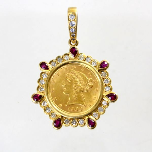 【即納】 ◎中古美品◎18金枠 ダイヤ 1.38ct ルビー 1.24ct リバティコイン ペンダント ゴールド