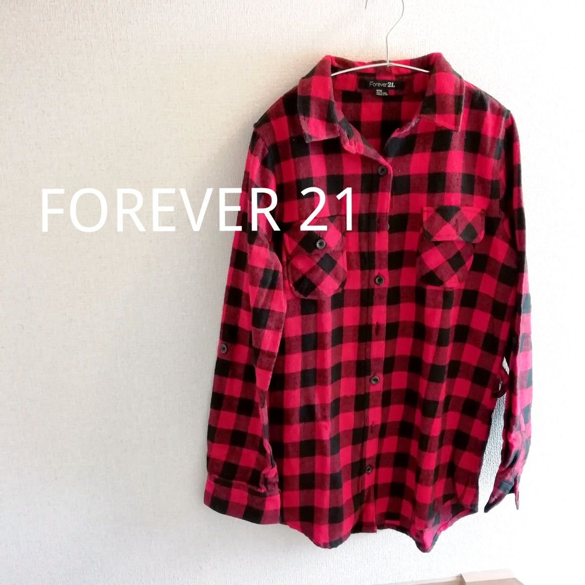 FOREVER 21 オーバーサイズ チェックシャツ 肉厚 赤 ネルシャツ ML