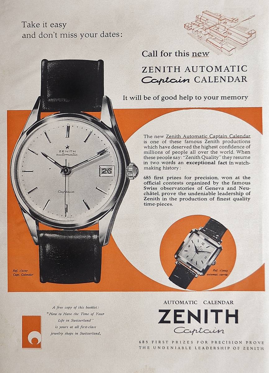 稀少・時計広告！1957年ゼニス 時計広告/Zenith Automatic Captain Calendar Watch/Rの画像1