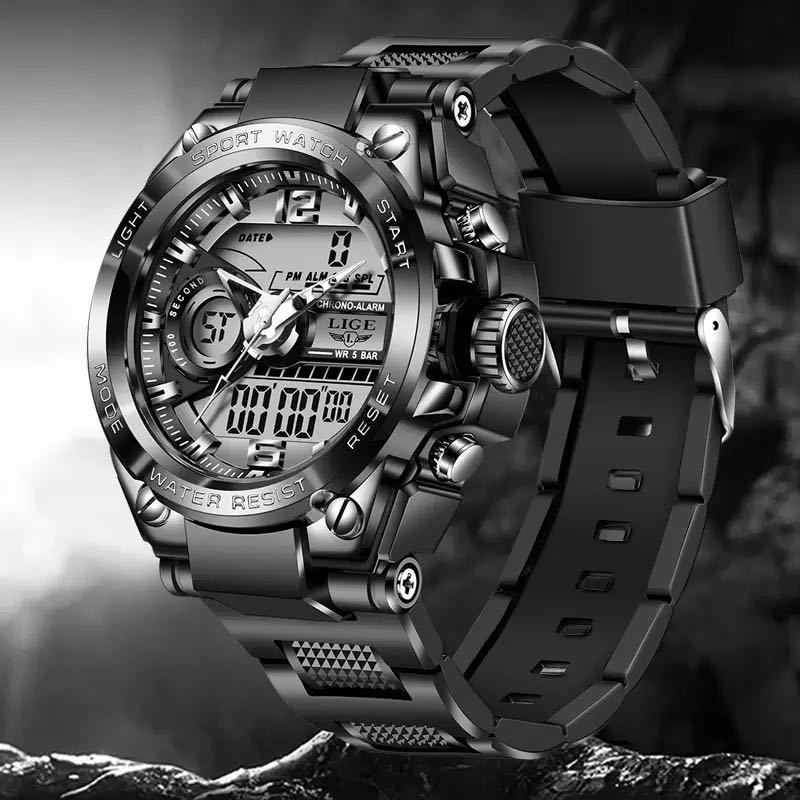 新品 LIGE スポーツデュアルウォッチ 50m防水腕時計 メンズ腕時計 ブラック ストップウォッチ _画像3