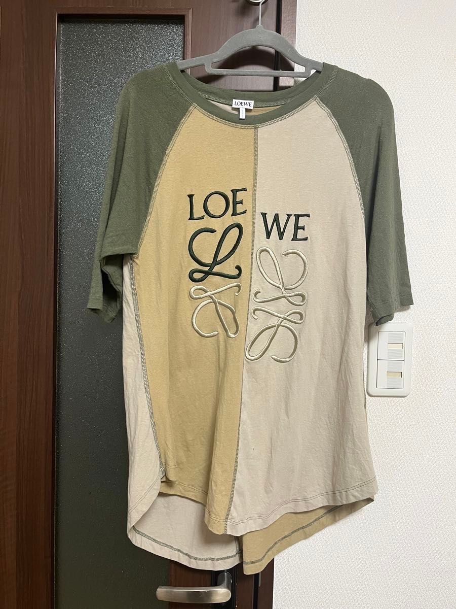 LOEWEデカロゴ刺繍アナグラムTシャツMからL配色切替バイカラーカーキ系お尻すっぽり隠れる丈大人レディース