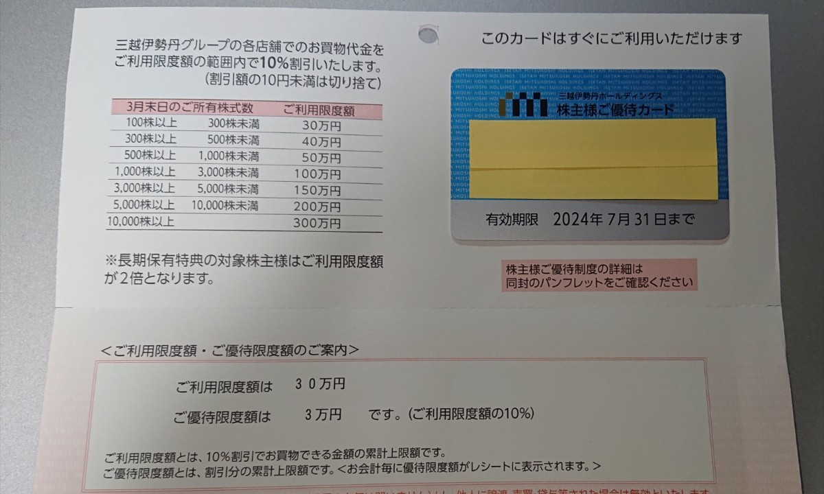 三越伊勢丹 株主優待カード 限度額30万円 女性名義_画像1