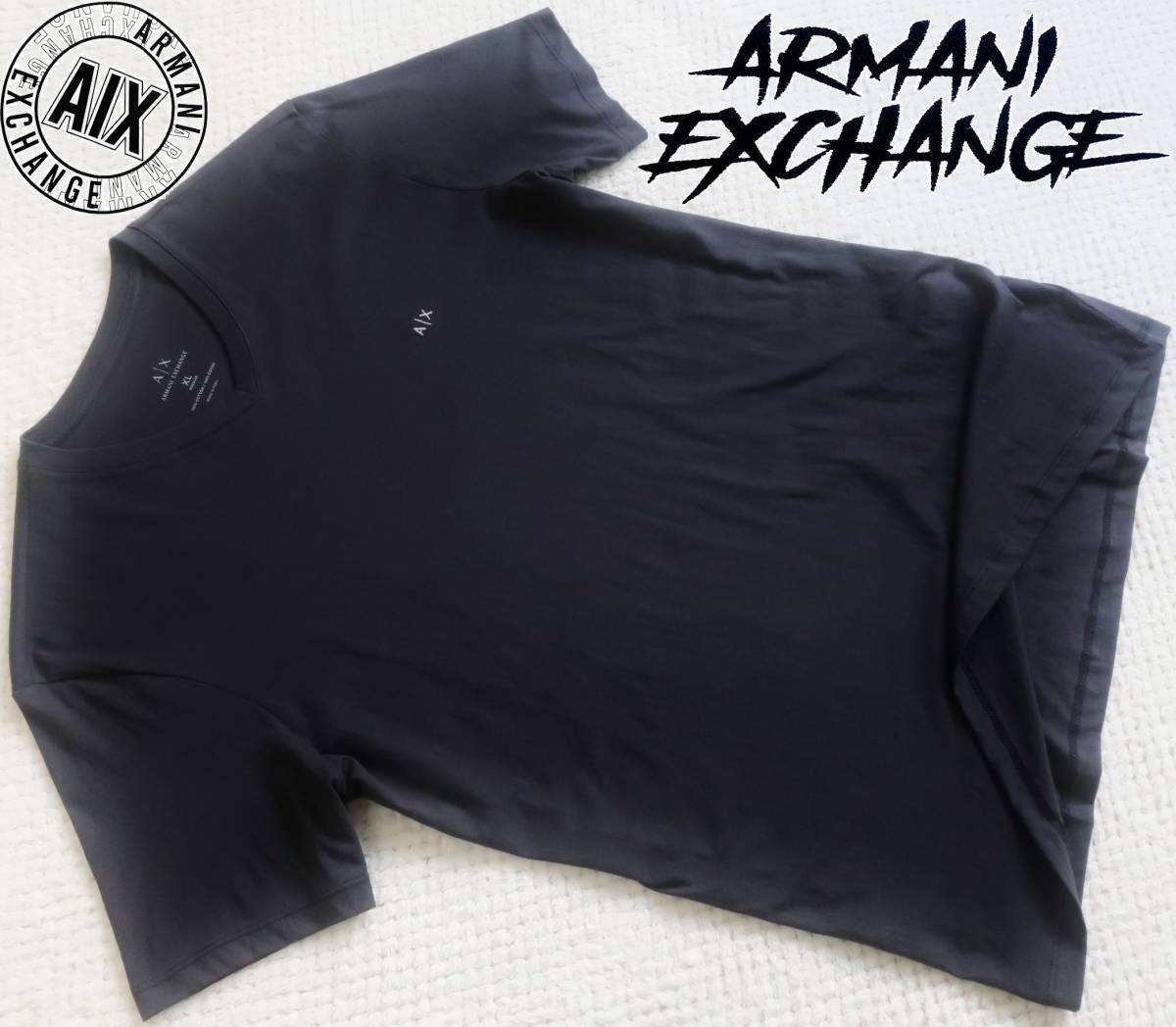 新品★アルマーニ★大きいサイズ★ネイビー Tシャツ★Vネック★ホワイト ロゴ刺繍★ペルー制★紺 白 XXL★AX ARMANI☆155