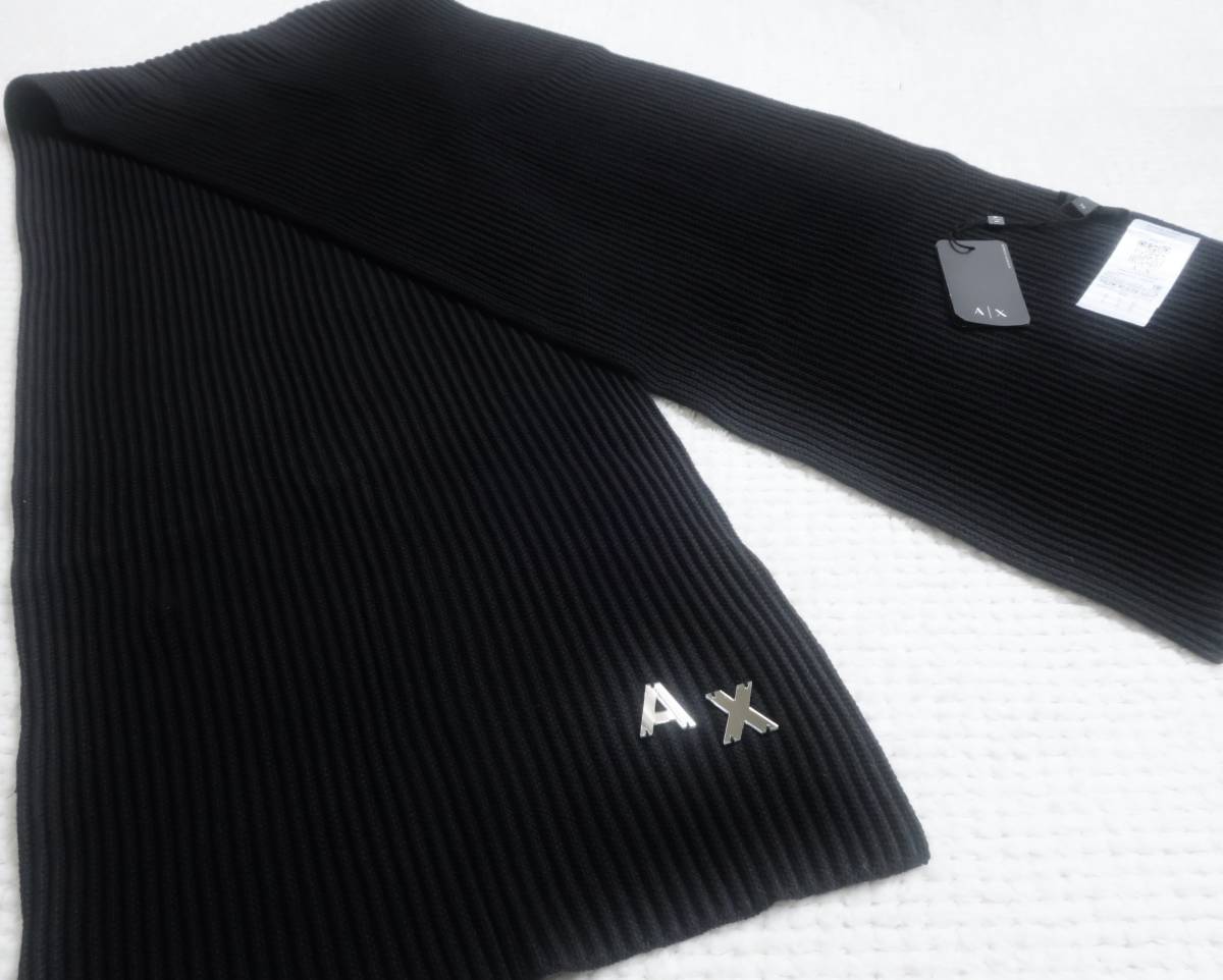 新品★アルマーニ★手編み風 ブラック ニット マフラー★ストレッチ アゼニット★鏡 ミラー ロゴ★黒★AX ARMANI☆461_画像8