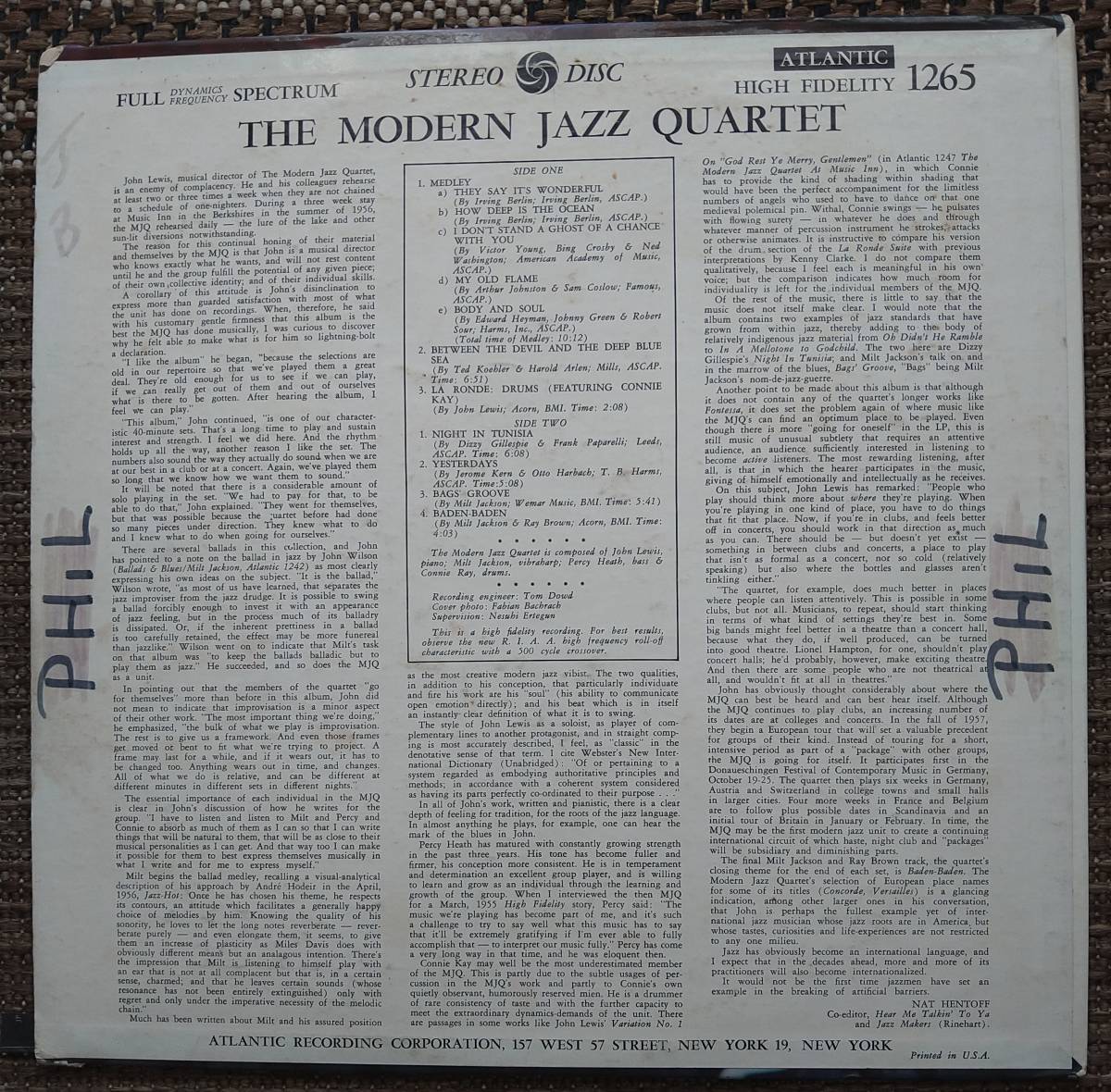 USブルズアイ盤【The Modern Jazz Quartet】The Modern Jazz Quartet (Atlantic 1265) コーティング 額縁ジャケ_画像2