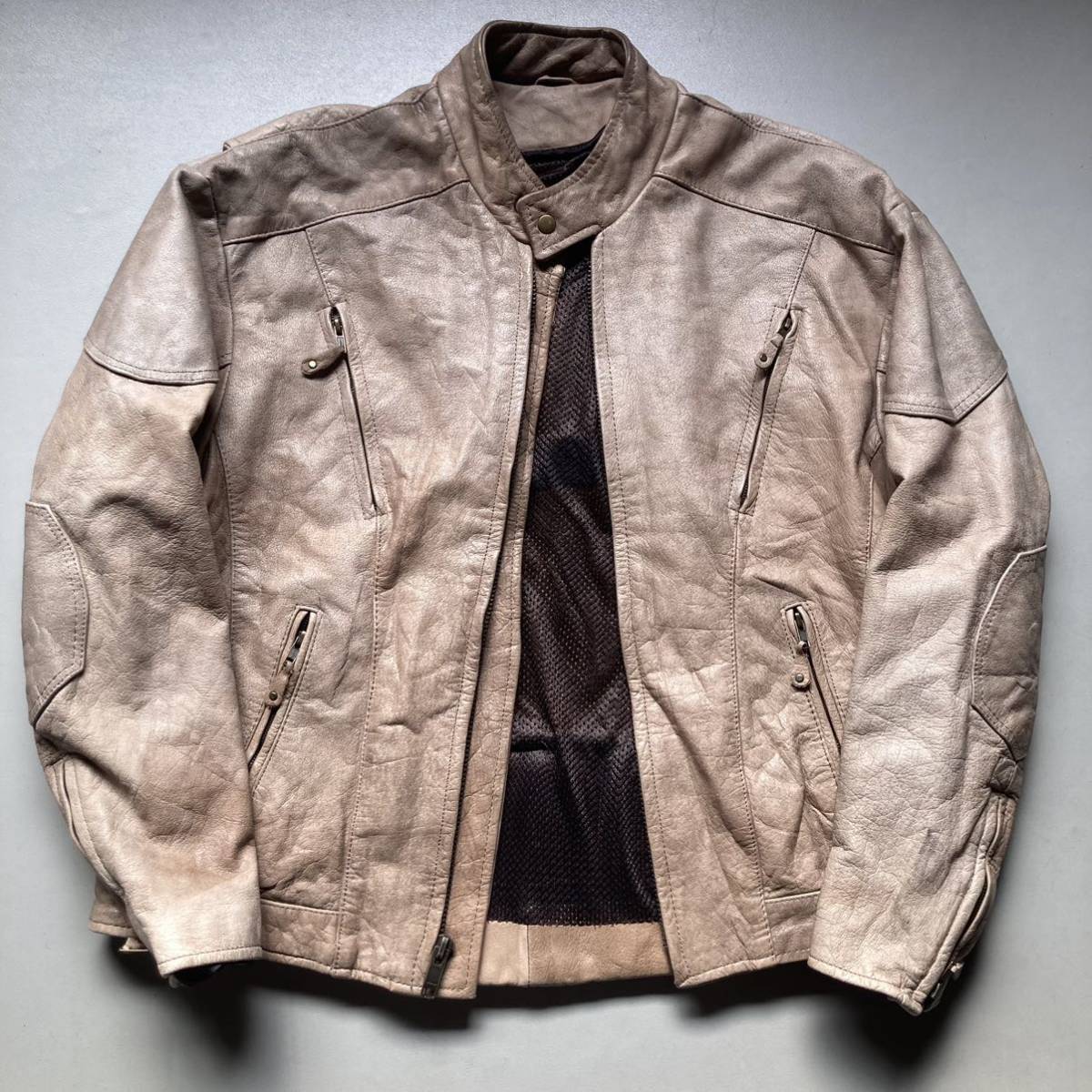 逆八の字 beige/brown leather jacket レザージャケット 革ジャン 裏地メッシュ_画像2