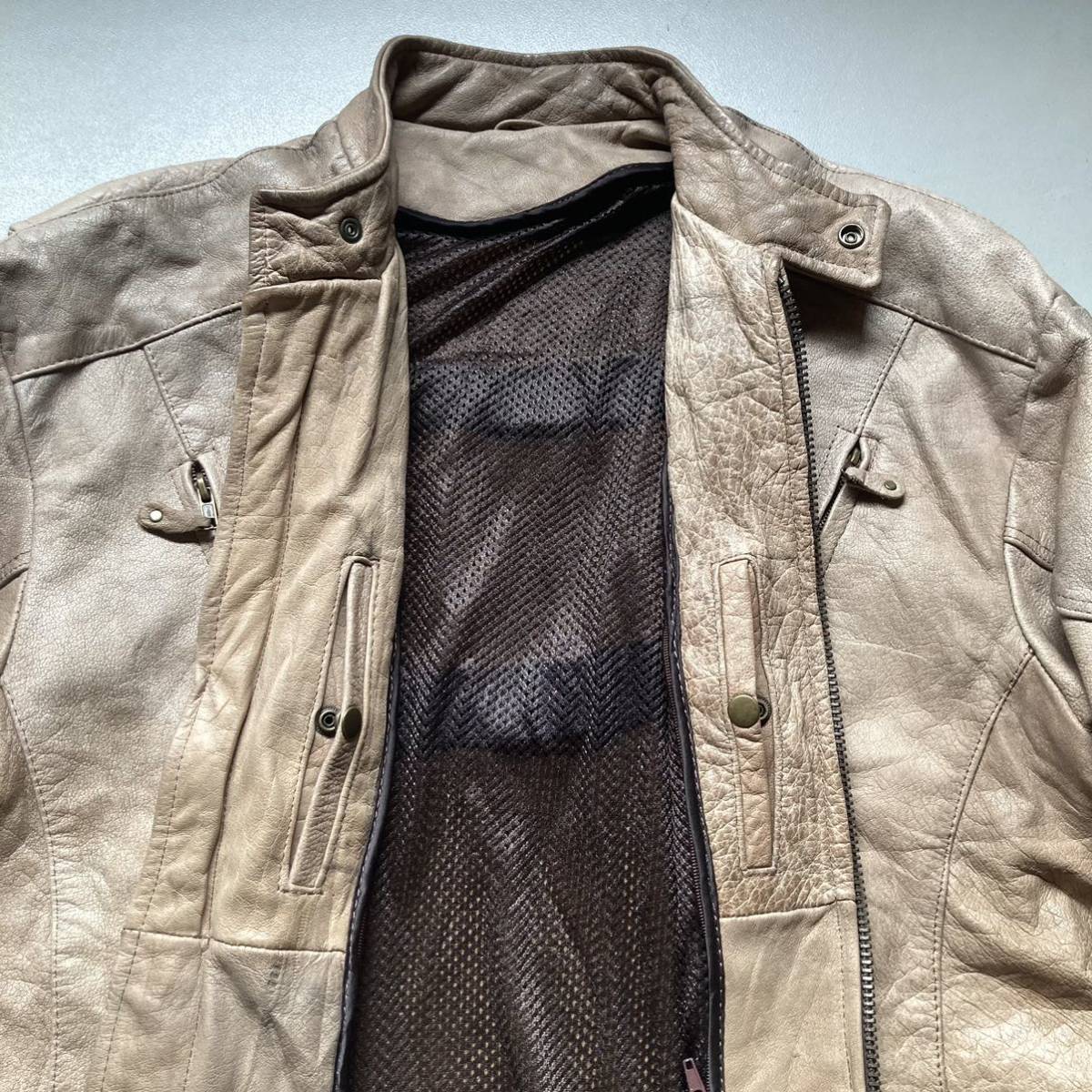 逆八の字 beige/brown leather jacket レザージャケット 革ジャン 裏地メッシュ_画像5