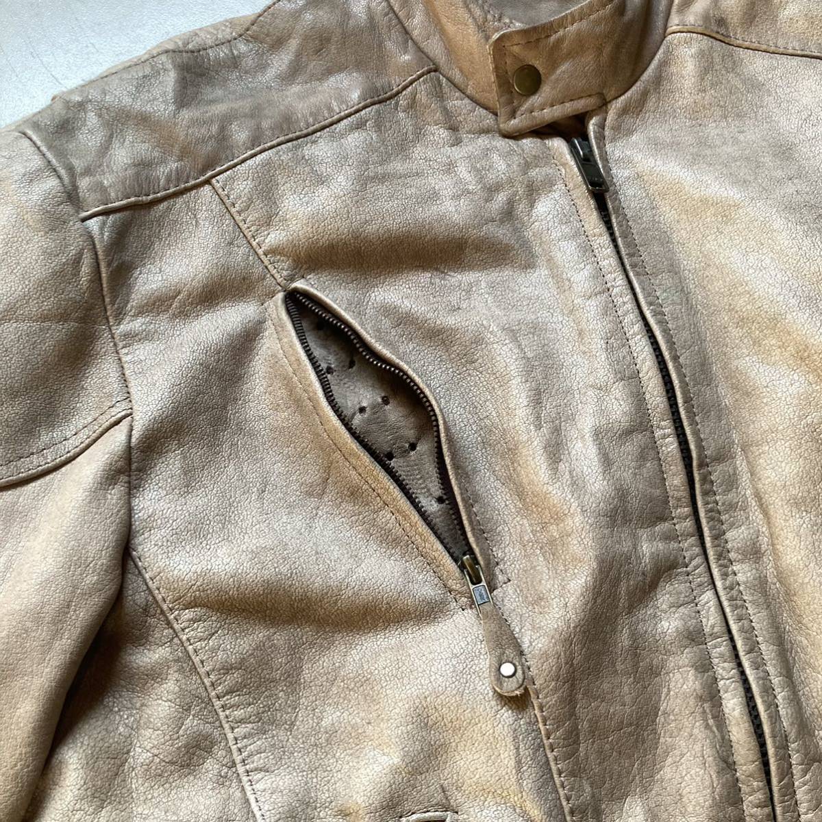 逆八の字 beige/brown leather jacket レザージャケット 革ジャン 裏地メッシュ_画像7