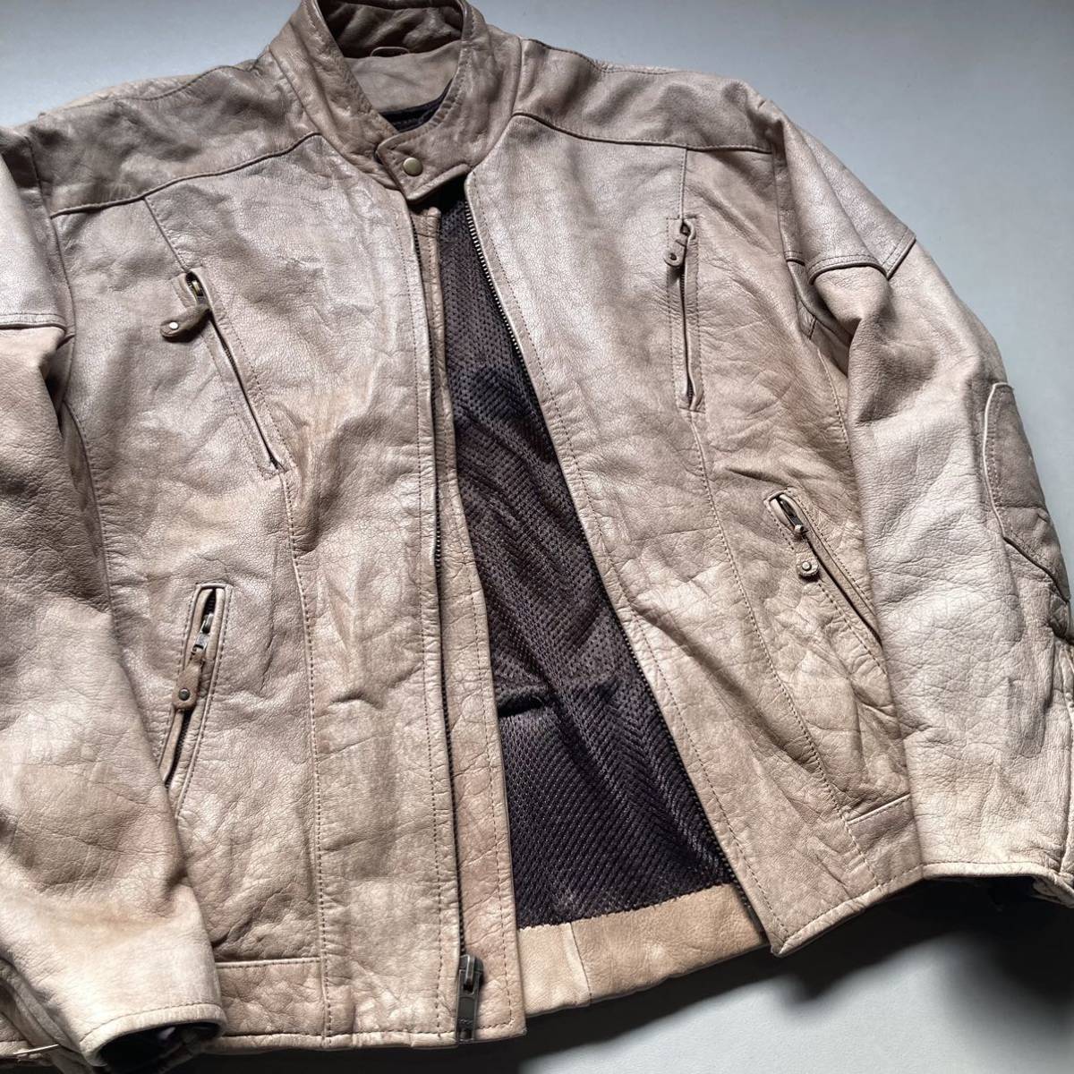 逆八の字 beige/brown leather jacket レザージャケット 革ジャン 裏地メッシュ_画像3