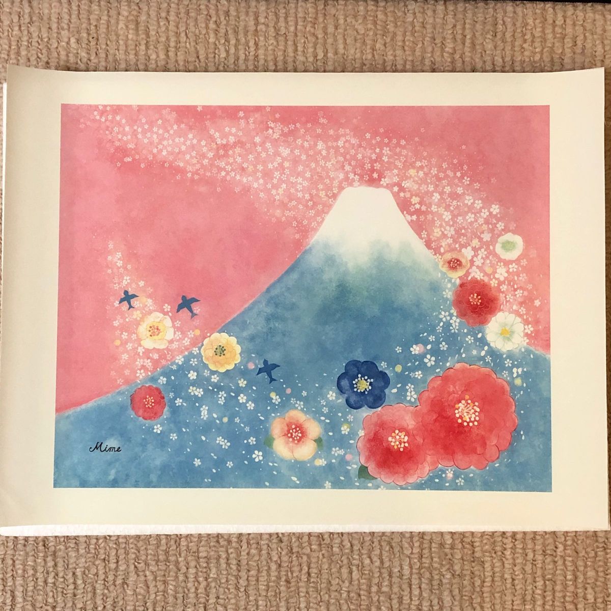 リトグラフ 絵画 花　布製プリントアート　富士山　ピンク　可愛い　癒し
