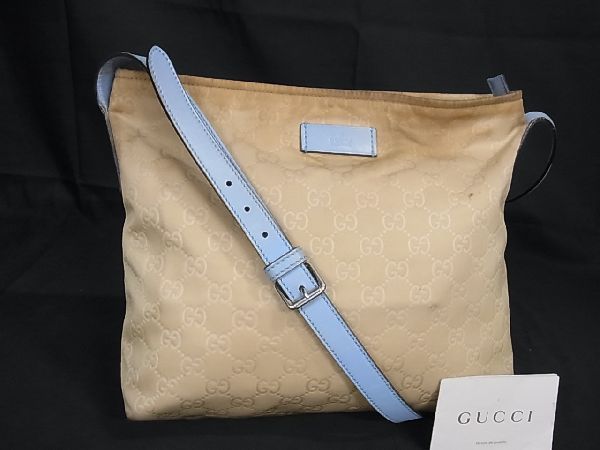 1円 GUCCI グッチ 314529 GG柄 ナイロン×レザー ショルダーバッグ クロスボディ 斜め掛け レディース ベージュ系×ライトブルー系 AV3480_画像1