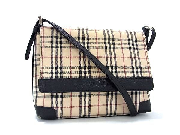 1円 ■美品■ BURBERRY バーバリー ノバチェック キャンバス×レザー クロスボディ ショルダーバッグ ベージュ系×ブラック系 AU3557_画像1