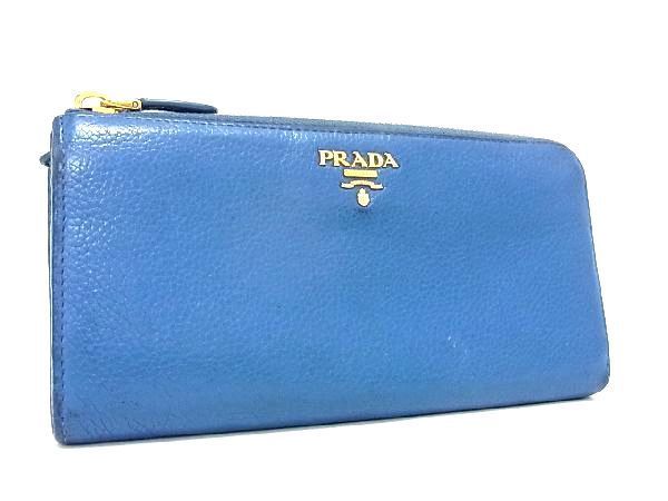 1円 PRADA プラダ レザー L字ファスナー 長財布 ウォレット 小銭入れ 札入れ レディース メンズ ブルー系 AU4775_画像1