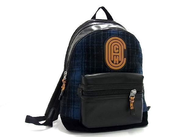 1円 ■美品■ COACH コーチ F1921 78433 フェルト×レザー リュックサック バックパック レディース メンズ ブラック系×ブルー系 AT2922_画像1