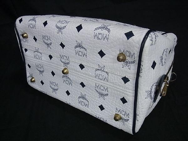 1円 ■美品■ MCM エムシーエム ヴィセトス柄 レザー 2WAY ハンドバッグ ミニボストン ショルダーバッグ ホワイト系×ネイビー系 AT3073_画像4