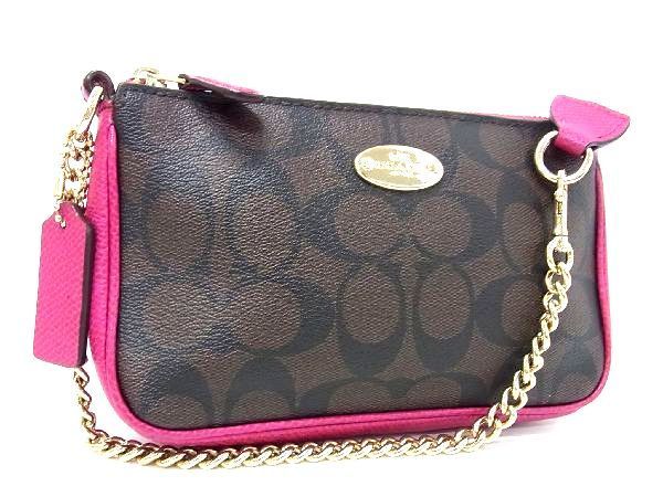 1円 ■美品■ COACH コーチ F64234 シグネチャー PVC ハンドバッグ ミニバッグ アクセサリーポーチ ダークブラウン系×ピンク系 BG5273_画像1