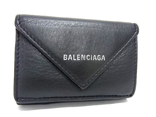 1円 BALENCIAGA バレンシアガ 391446 ペーパーミニ レザー 三つ折り コンパクト 財布 ウォレット 小銭入れ 札入れ ブラック系 AU4190_画像1