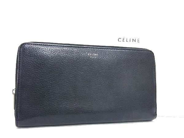 1円 CELINE セリーヌ レザー ラウンドファスナー 長財布 ウォレット 小銭入れ 札入れ レディース ブラック系 AU4278_画像1