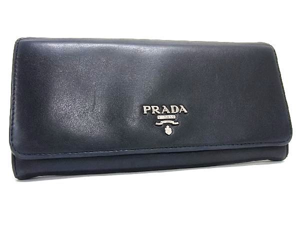 1円 PRADA プラダ レザー 二つ折り 長財布 ウォレット 小銭入れ 札入れ メンズ レディース ブラック系 AU4345_画像1